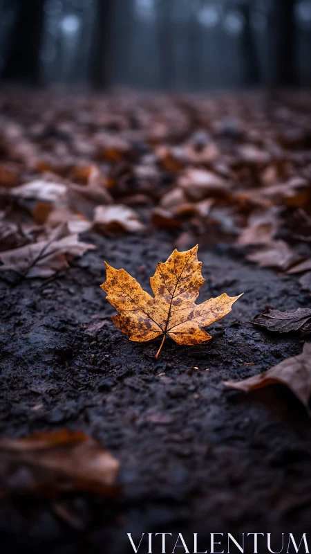 Single orange maple leaf on dark forest floor in autumn.