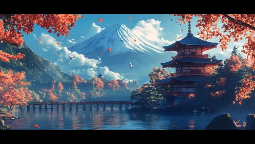 Pagoda, bridge and lake before snow peak in autumn light.