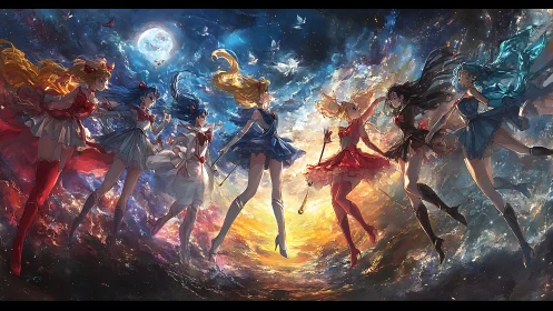Group of magical anime girls floating in a cosmic sky