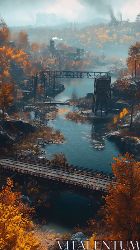 Industrial bridges over river in dense autumn forest valley.