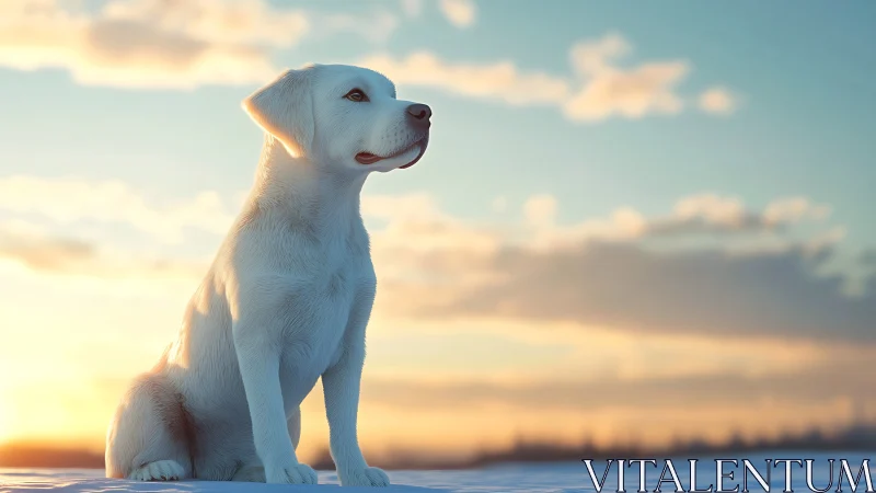 White dog gazes over snowy field in soft golden sunrise