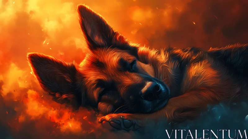 Sleeping German Shepherd dog glows in fiery ambient light