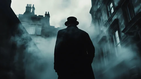 Silhouetted man in top hat stands in foggy narrow street