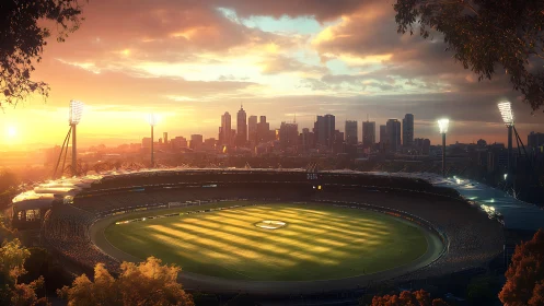 Sunlit urban stadium overlooks glowing city skyline at dusk