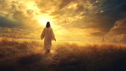 Solitary robed figure walks sunlit path toward radiant sky