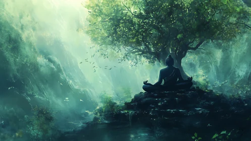 Meditative silhouette beneath luminous forest canopy at dawn.