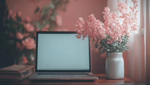 Laptop on wooden desk beside vase of pink flowers indoors.