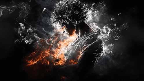 Side profile anime figure outlined in smoke and fire energy