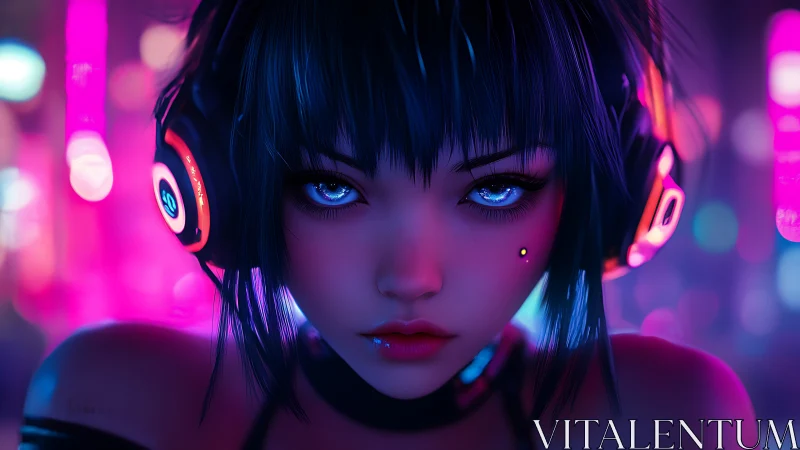 Cyberpunk girl with headphones in neon city environment.