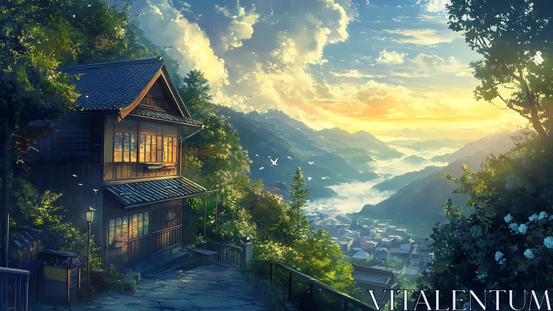 Mountain village sunrise over traditional hillside house.