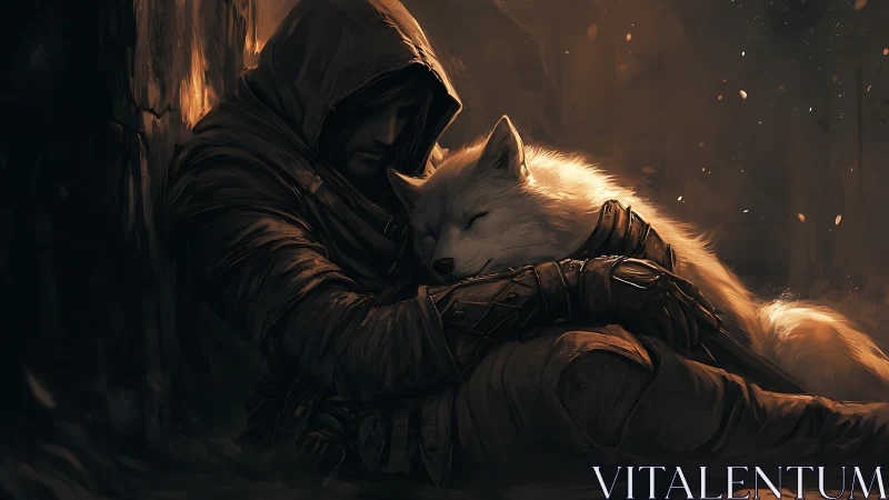 Hooded ranger embracing white wolf in emberlit forest night.