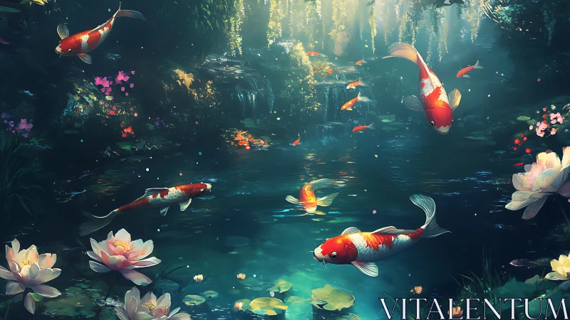 Koi pond with water lilies under filtered forest light.