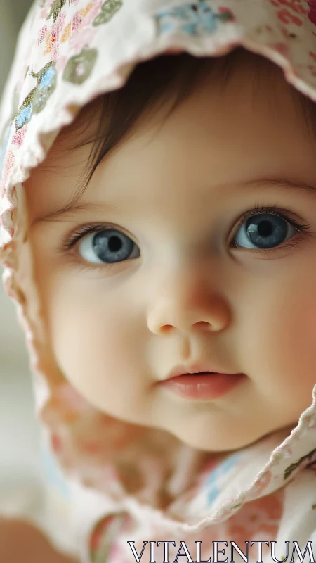 Infant portrait with blue eyes wearing floral headwrap.