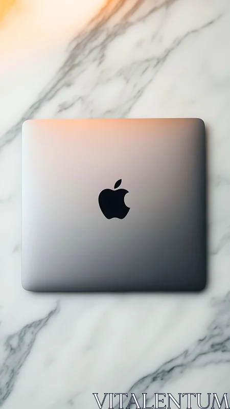 Closed aluminum laptop on marble surface with soft warm lighting