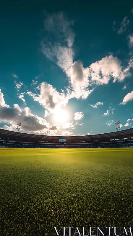 Sunlit stadium silence over emerald matchday carpet.