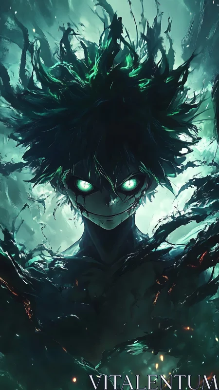 Haunting green-eyed guardian emerging from swirling shadows.