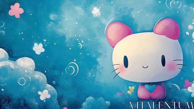 Digital painting of kawaii cat character in dreamy sky field.