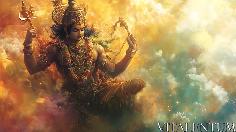 Divine warrior deity emerging from iridescent celestial clouds