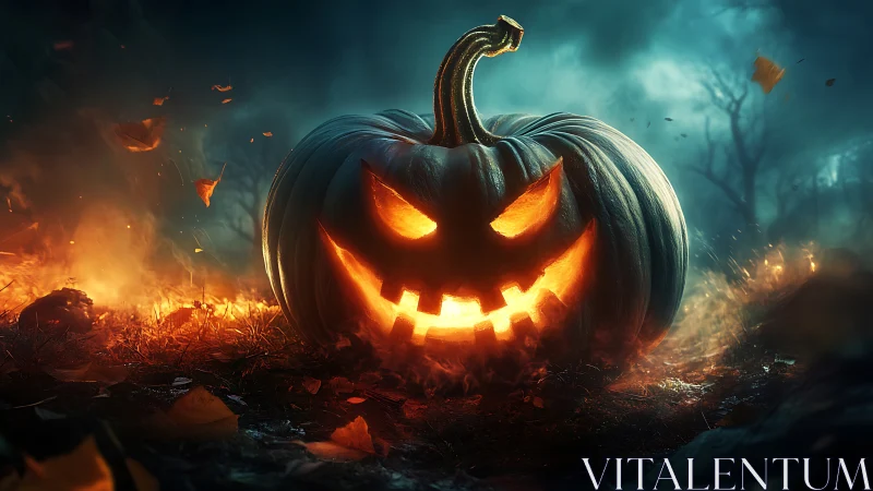 Luminous jack o lantern in atmospheric nocturnal firestorm.