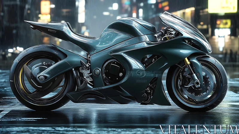 Futuristic teal superbike in cinematic rainy neon cityscape.