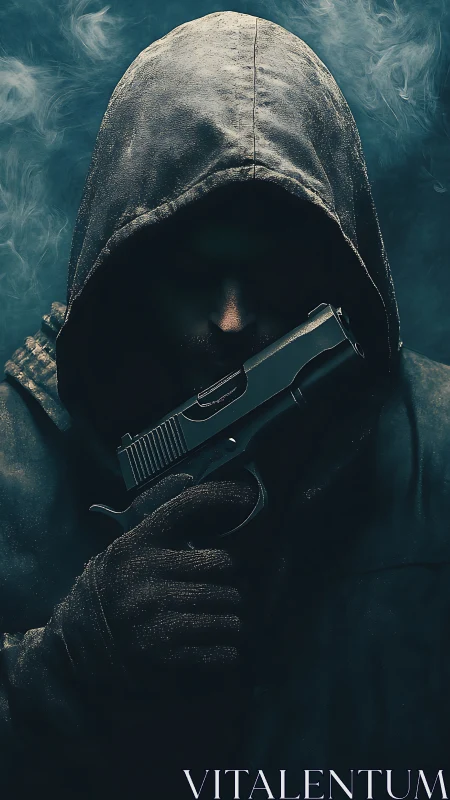 Hooded figure holds semi automatic pistol beside concealed face