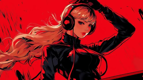 Red cyber pop heroine with flowing blonde hair and headset.