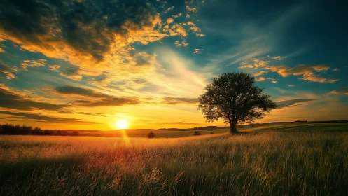 Lone tree under blazing sunset over golden grassland.