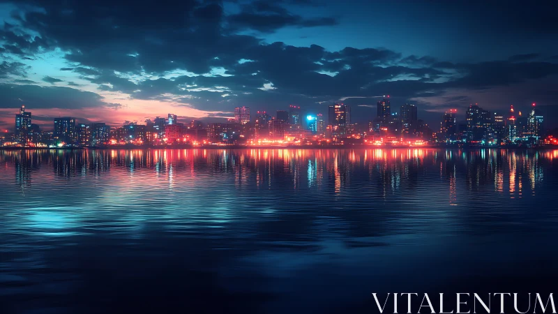Neon lit city skyline reflected across calm night water.