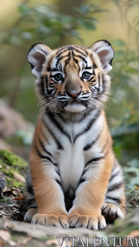 Front-facing tiger cub portrait under shallow depth-of-field.