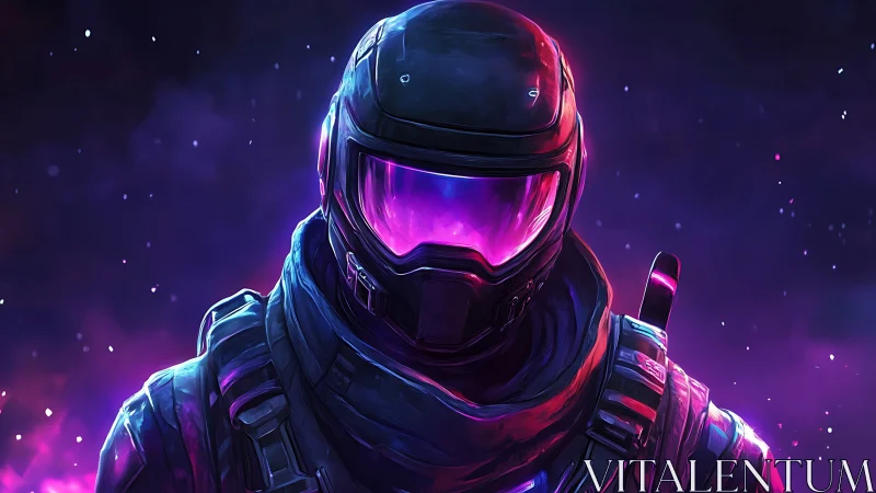 Futuristic armored figure with glowing visor in neon haze.