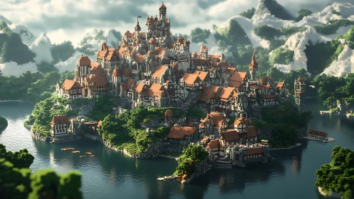 Fantasy floating castle amid emerald landscape digital render.