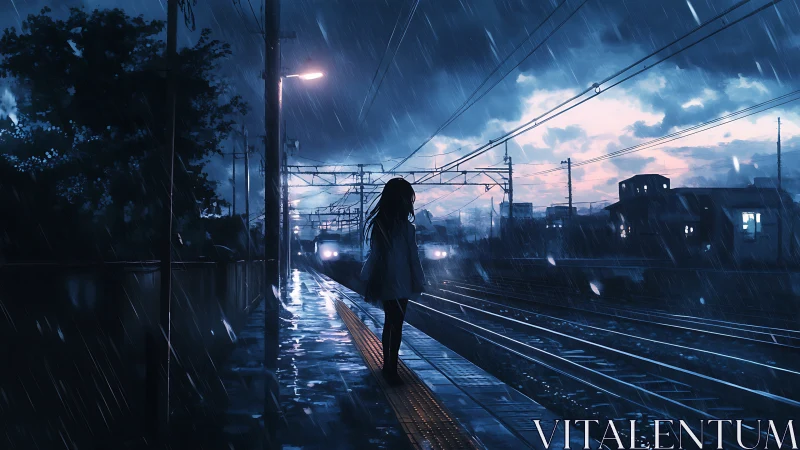 Solitary girl waits on a rainy platform at blue dusk