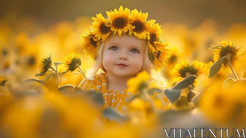 Child in Sunflower Crown Amid Golden Field.
