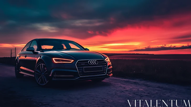 Sport sedan silhouette contrasts against high-saturation sunset sky