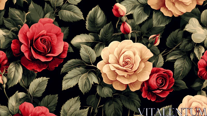 Botanical Composition: Red and Blush Roses Against Deep Charcoal.