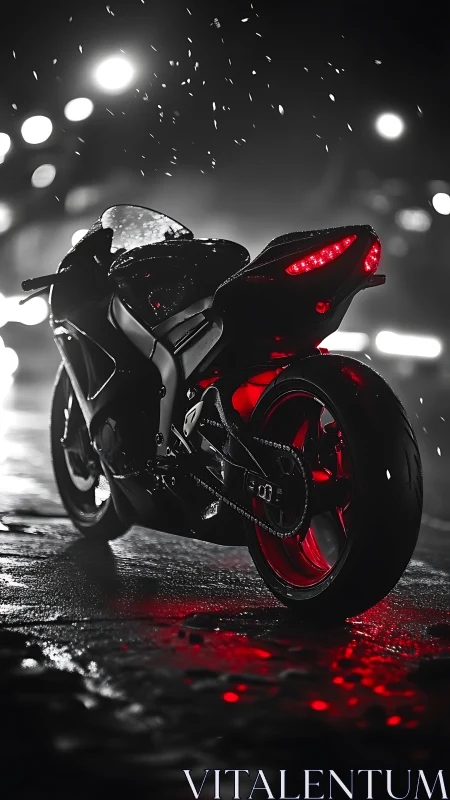 Photorealistic sport bike in noir rain with red backlighting.