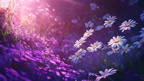 Floral landscape with daisies under purple gradient atmospheric lighting