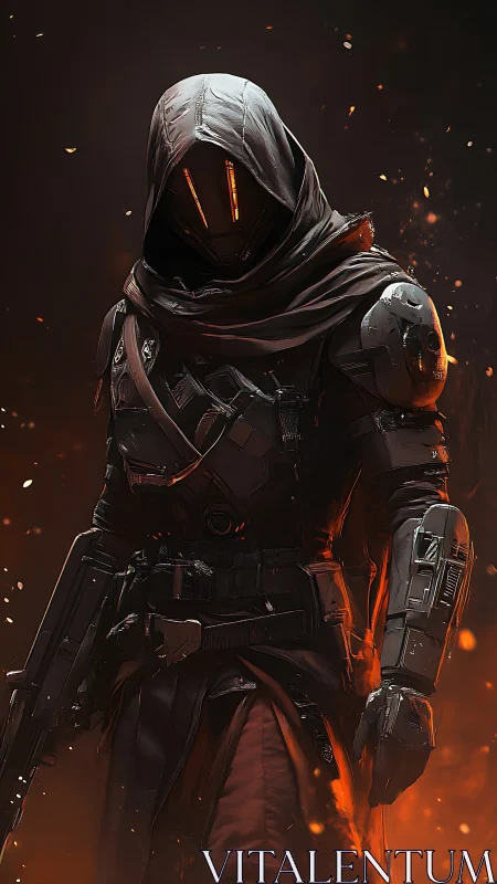 Hooded sci fi guardian strides through sparks and shadow