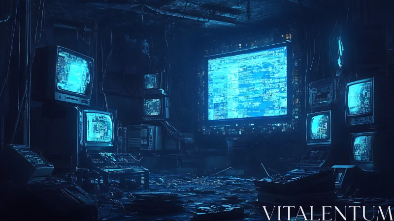 Retro cyber control room glows with fractured blue data.