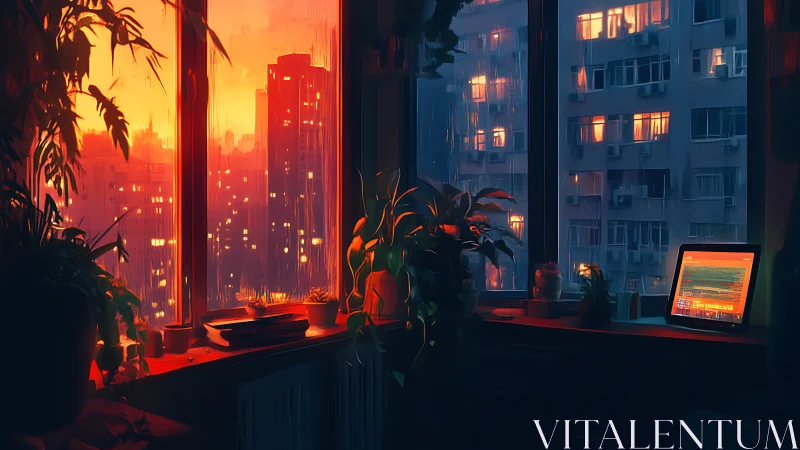 Moody city sunset glows beyond a rain streaked apartment