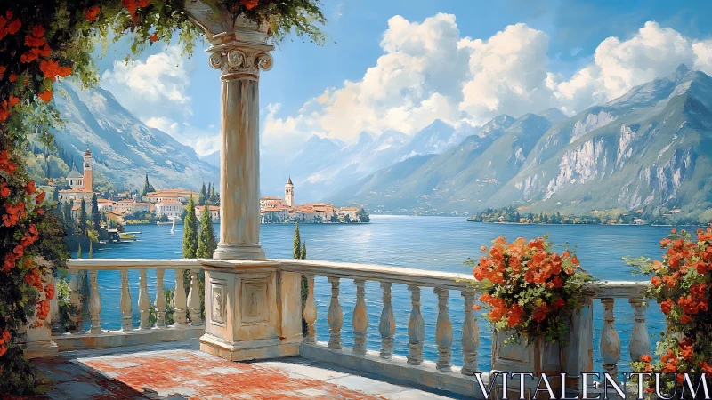 Terrace daydream leans over a sunlit alpine lakeside