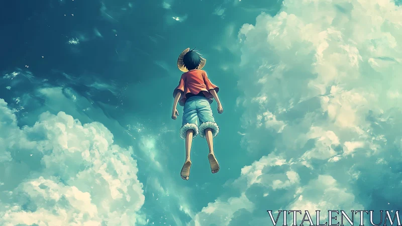 Skyward daydream with a carefree wanderer in the clouds.