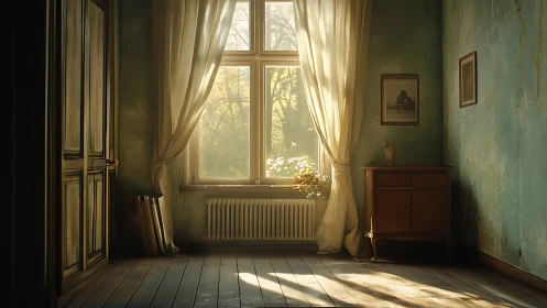 Soft autumn light across an aging teal-walled interior.