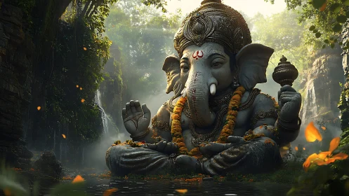 Ganesha statue rests in misty jungle pool with garlands