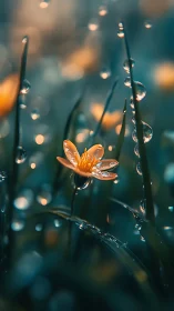 Luminescent yellow wildflower amid dewy teal grasses.