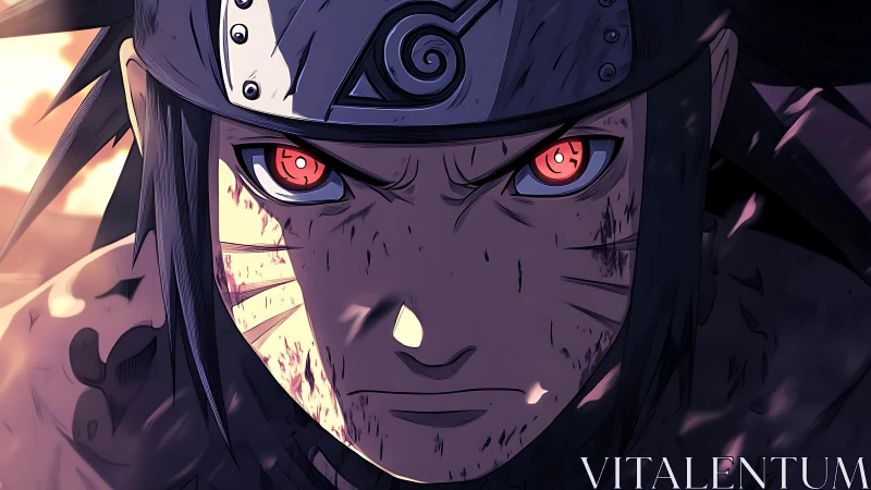 Intense ninja close-up shows glowing eyes and battle resolve.