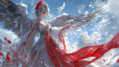 Winged celestial maiden rises amid drifting red petals