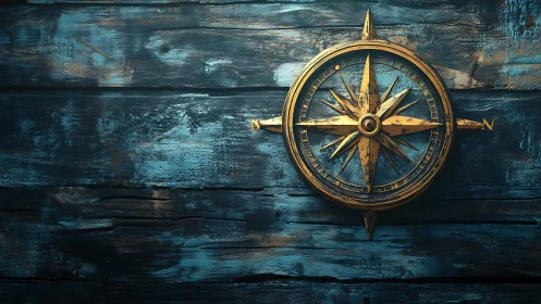 Weathered golden compass rose on distressed blue planks.
