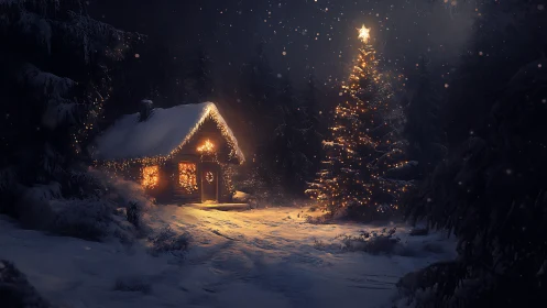 Snow-covered cabin and lit Christmas tree in high-contrast night forest