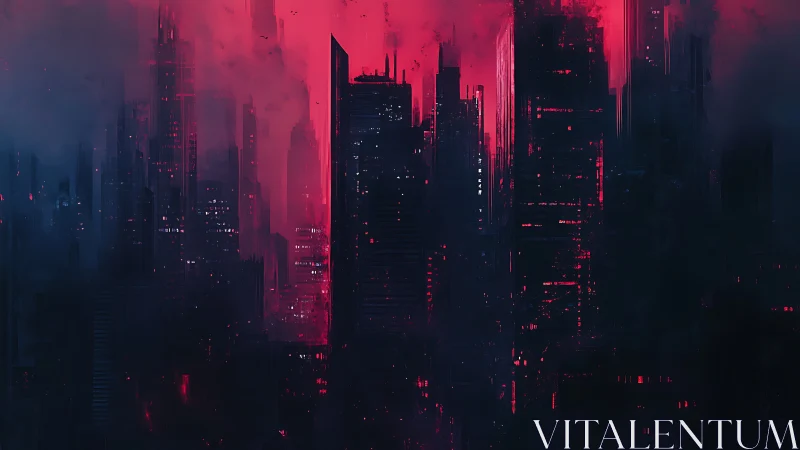 Moody neon city skyline glowing through crimson mist.